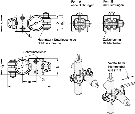 Ganter 132.25-G30-G30-A-4  Kreuz-Verfahrschlitten, für Zweiachssystem, Edelstahl, d1 - d2: G30 - G30, Form: A - ohne Dichtungen, Kennziffer: 4 - mit 2 Edelstahl-Hutmuttern DIN 917 - GN 132-25 Kreuz-Verfahrschlitten - fuer Zweiachssystem - Edelstahl - Massblatt