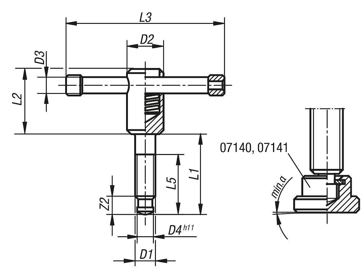 Norelem 06150-216X70 KNEBELSCHRAUBE MIT LOSEM KNEBEL, M16, L1=70 - NLM 06150-LK Knebelschrauben mit losem Knebel DIN 6306 - Massblatt