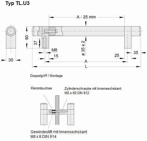 Leschhorn TL.U3-35.G400.DO   Doppelgriff A 400,  Schenkel natur / Rohr Edelstahl Technical Line - Leschhorn TL-U3 Edelstahlgriffe - Technical Line-