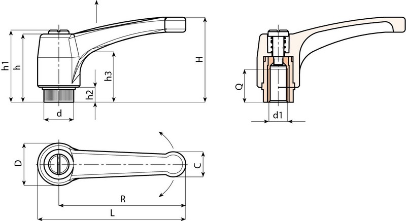 Leschhorn A580 Verstellbare Klemmhebel  R 94; Innengewinde M8; schwarz - LE A580 Verstellbare Klemmhebel - Innengewinde-EcoLine-Massblatt