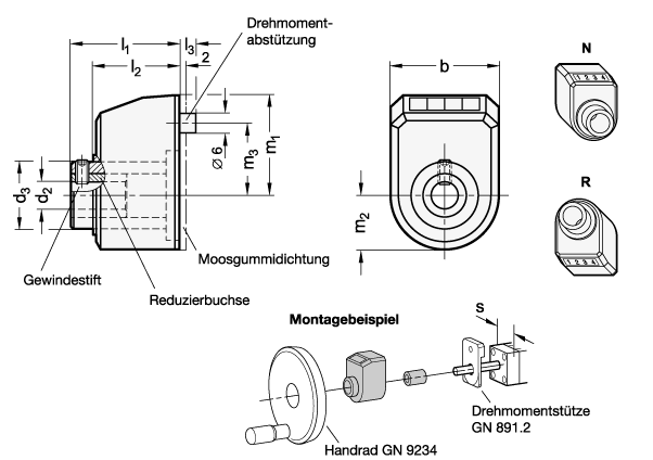 Ganter 9534-30-1,5-L-N-N-G  Stellungsanzeiger, für konfigurierbare Profil-Lineareinheiten, mechanisches Zählwerk, Lineareinheit s: 30, Spindelsteigung p: 1.5, Form: L - Zahlenwert steigend bei Linksdrehung - GN 9534 Stellungsanzeiger-fuer konfigurierbare Profil-Lineareinheiten-mechanisch Zaehlwerk-Massblatt