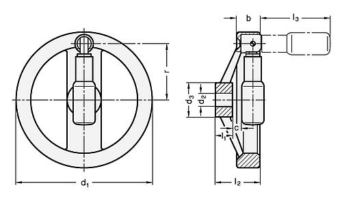 Ganter 322.7-250-B22-R HANDRAD MIT AUTOMATISCH. UMLEGGRIFF - GN 322-7 Umleggriff Handraeder - Sicherheits Umleggriff-Skizze