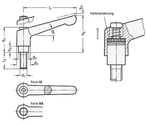 Ganter 300.5-30-M3-10-AS VERSTELLBARER EDELSTAHL KLEMMHEBEL - GN 300-5 Verstellbare Edelstahl Klemmhebel - mit Schraube - matt gestrahlt-Skizze