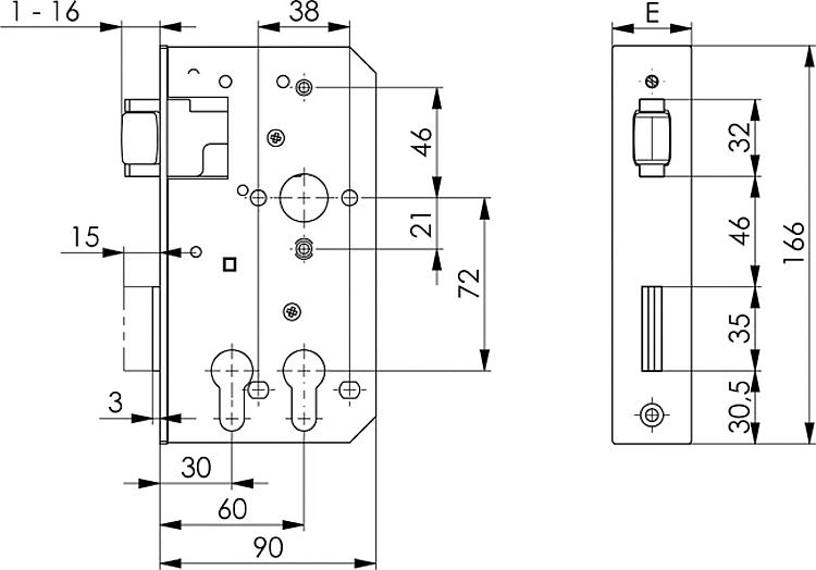 AMF 142RD-40 Rollfallen-Riegelschloss für Dreikant- und Profilzylinder, verzinkt, für Kastenbreite: 40 mm, Schließung: PZ, E: 33 mm - LE 142RD Rollfallen-Riegelschloss fuer Dreikant- und Profilzylinder - verzinkt-Skizze