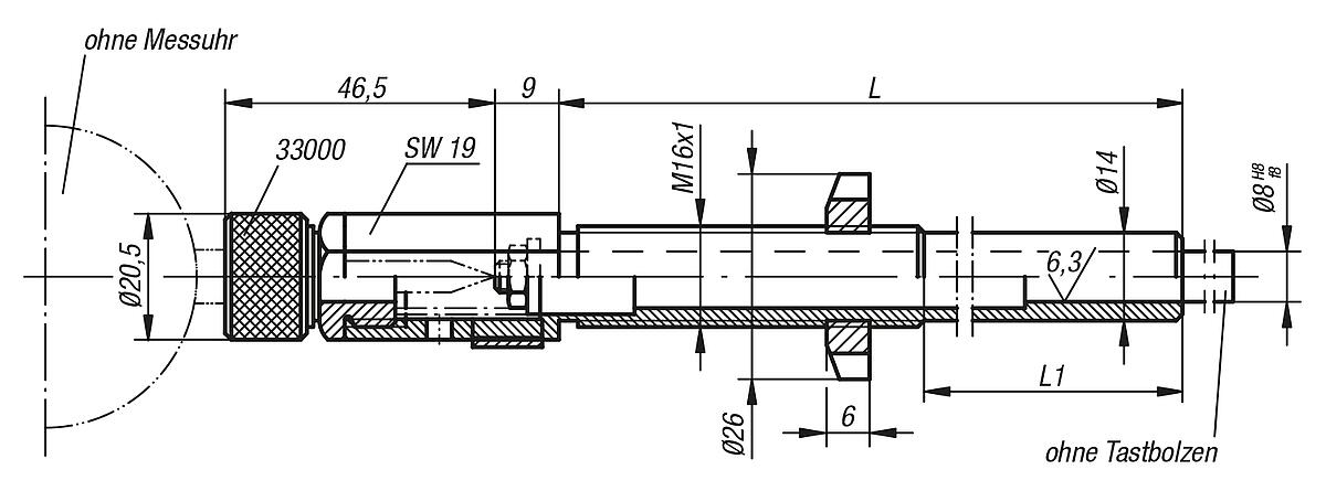 Norelem 33014-08125 MESSUHRENHALTER, LANGE AUSFÜHRUNG - NLM 33014 Messuhrenhalter lange Ausfuehrung mit Gewinde - Massblatt