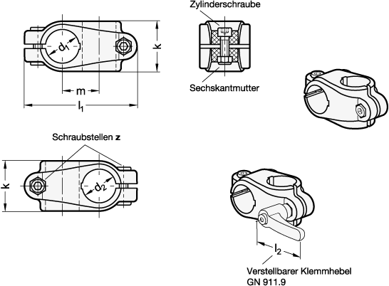 Ganter 132.9-B18-B18-29-2-G  Kreuz-Klemmverbinder, Kunststoff, Bohrung d1: B 18, Bohrung d2: B 18, Klemmlänge k: 29 - GN 132-9 Kreuz-Klemmverbinder - Kunststoff - Massblatt