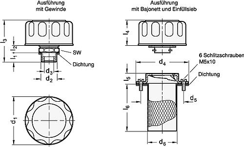 Ganter 764-47-1/4NPT-F BELÜFTUNGSDECKEL MIT GEWINDE - GN 764 Belueftungsdeckel mit Filter und Doppelventil-Skizze
