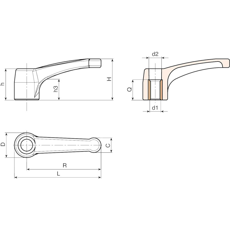 Leschhorn 02658.94-M12-SW Starre Kunststoff-Klemmhebel "EUROMODEL", R 94mm, Innengewinde M12, schwarzgrau, Messing-Gewindebuchse - LE 02658 Starre Kunststoff-Klemmhebel -EUROMODEL- - Innengewinde M12-EcoLine-Massblatt