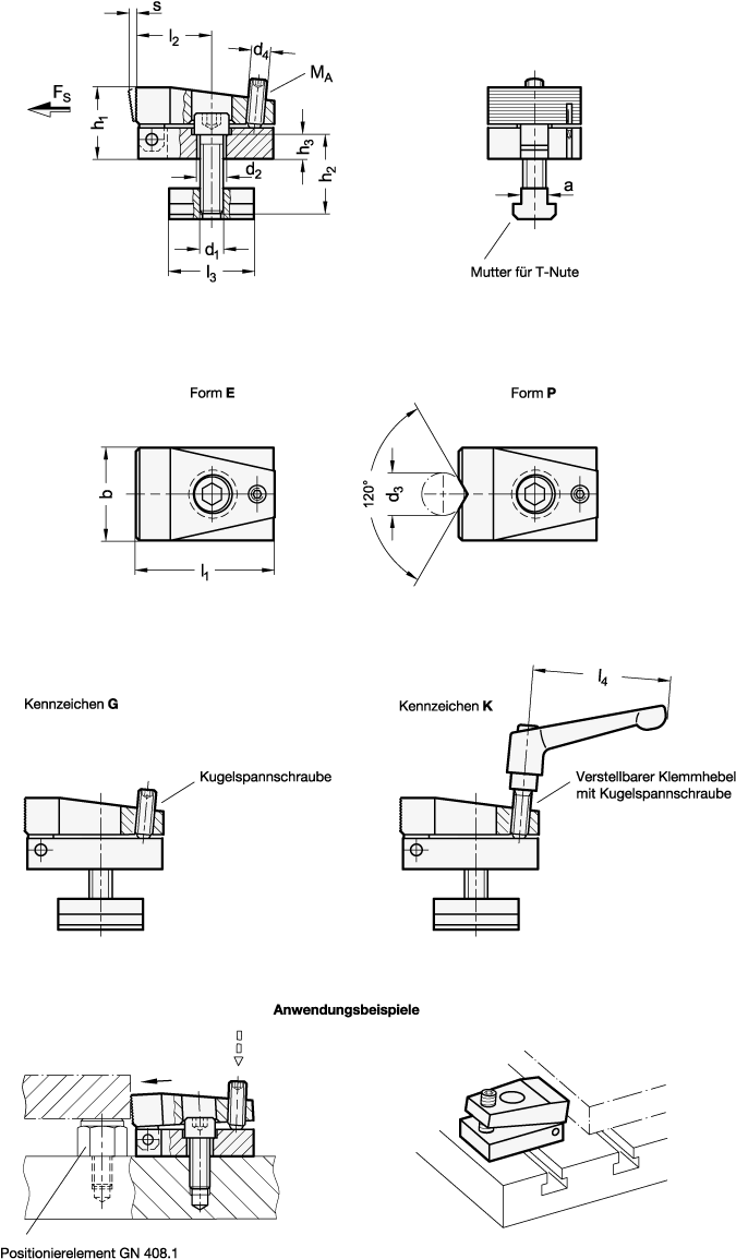 Ganter 9190.1-10-M8-E-G  Niederzugspanner, Stahl, mit Spanngewinde, a Nutbreite: 10, d1: M 8, Form: E - mit geriffelter Spannbacke - GN 9190-1 Niederzugspanner - Stahl - mit Spanngewinde - Massblatt