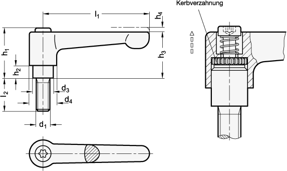 Ganter 302.2-22-M3-10-OS  Flache verstellbare Klemmhebel, Zink-Druckguss, Einsatz Stahl verzinkt, mit Außengewinde, Grifflänge l1: 22, Anschlussgewinde d1: M 3, Gewindelänge l2: 10 - GN 302-2 Flache verstellbare Klemmhebel-Zink-Druckguss-Einsatz Stahl verzinkt-Aussengewind-Massblatt