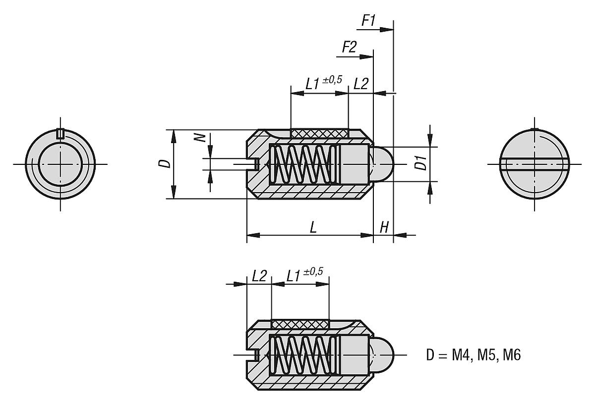 Kipp K0323.205 FEDERNDES DRUCKSTÜCK  M5, BOLZEN, LONG LOK, VERSTÄRKTE FEDER - K0323 Federnde Druckstuecke mit Schlitz und Druckbolzen-verstaerkte Federkraft-Massblatt