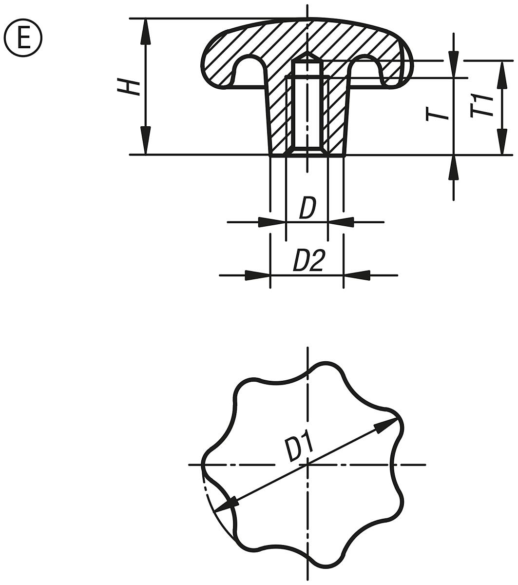 Kipp K0149.54008 STERNGRIFF FORM E, D1=40, D5=M8, ALU, GEROMMELT - K0149-E Sterngriffe aehnlich DIN 6336 aus Aluminium - Form E - Massblatt