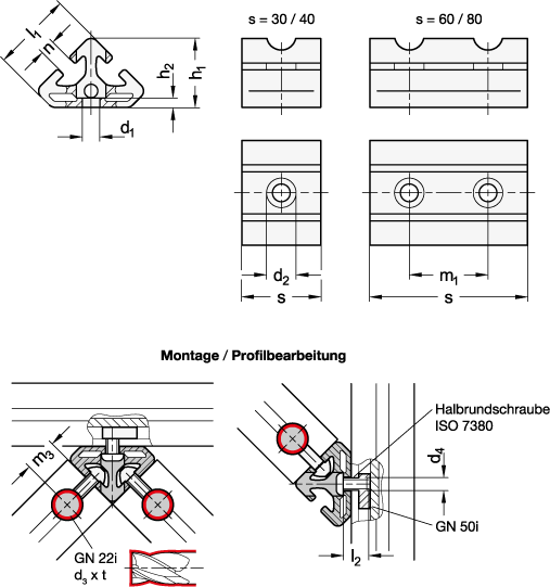 Ganter 32I-30306S-2-A-N  Winkelverbinder, Aluminium, für Aluprofile (i-Baukasten), Einfach- und Doppelmontage, Profilbreite s: 30, Länge l1: 30, Nutbreite n: 6 - GN 32i Winkelverbinder-Aluminium-fuer Aluprofile-i-Baukasten-Einfach- und Doppelmontage-Massblatt