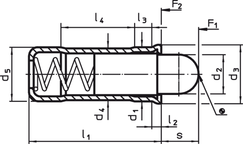 Halder 22080.0125 Federndes Druckstück glatte Ausführung  mit Bund und Bolzen Ø 5 Hülse aus rostfreiem Stahl,Bolzen aus Kunststoff - Federnde Druckstuecke Federndes Druckstueck - glatte Ausfuehrung