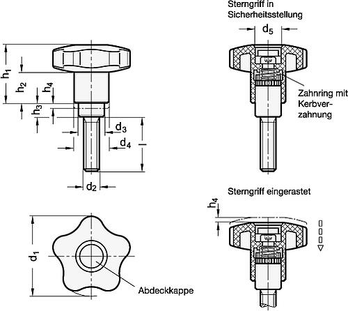 Ganter 5337.3-40-M6-20-NI EDELSTAHL SICHERHEITS STERNGRIFFSCHRAUBE - GN 5337-3 Sicherheits Sterngriffschrauben - Kunststoff-Skizze