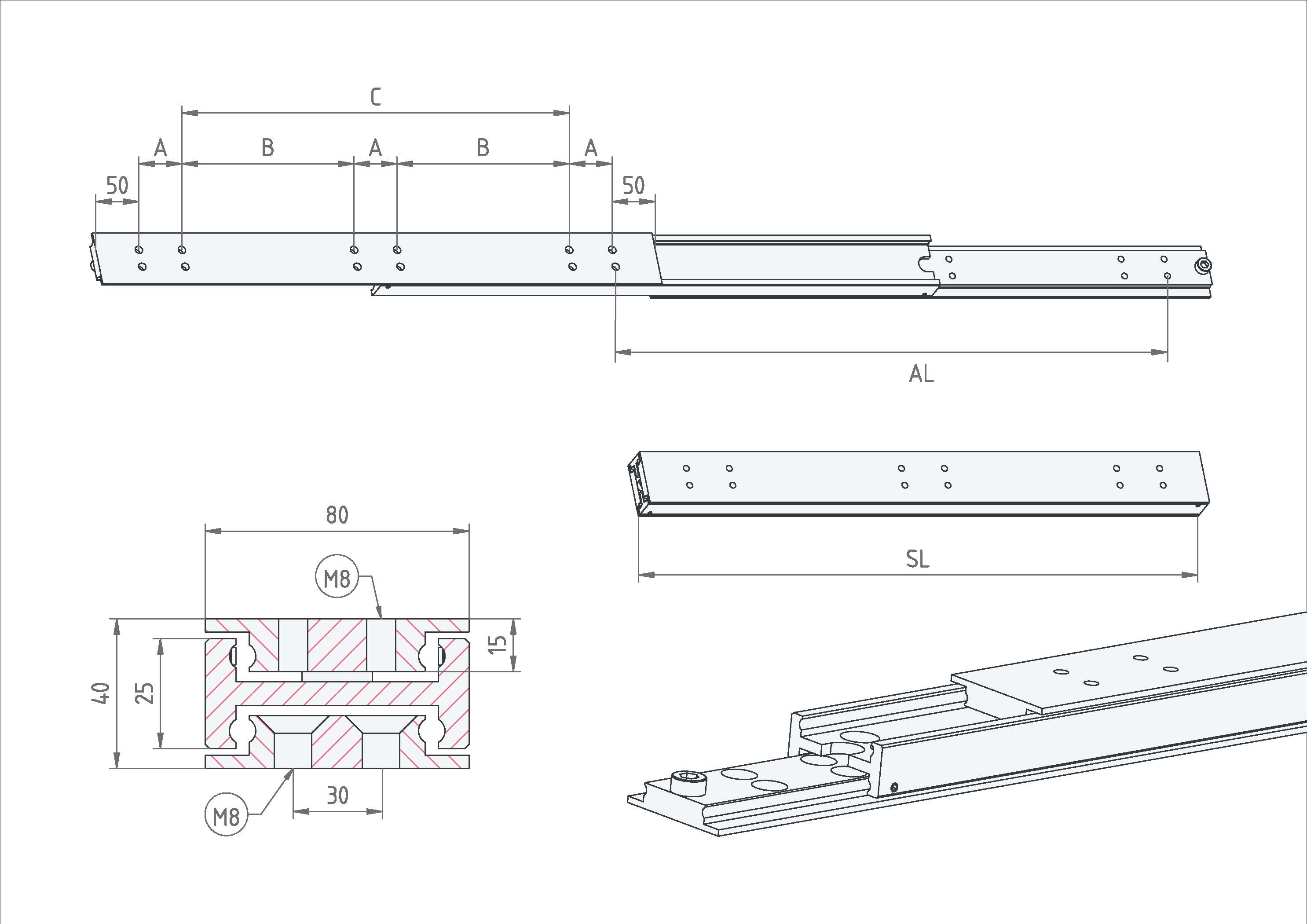 Leschhorn HPHV 4080-0300-GS-ST Hochpräzise Schwerlast-Teleskopschienen, Flachmontage, H-Profil 40x80, Vollauszug, A=300, GS: Gewinde M8/Senkbohrung für M8, Lastwert 245kg, Stahl verzinkt - LE HPHV-4080 Technische Zeichnung