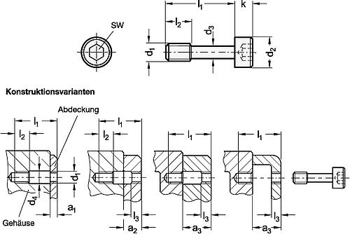 Ganter 912.2-M3-12-NI Edelstahl Zylinderschrauben mit dünnem Schaft zur Verliersicherung - GN 912-2 Edelstahl Zylinderschrauben mit duennem Schaft zur Verliersicherung-Skizze