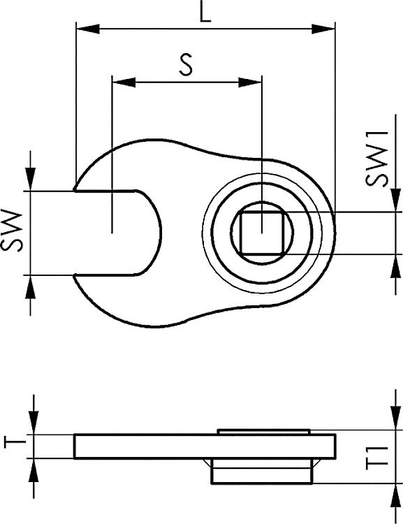 AMF 902Md-25 Einmaulschlüssel mit Aufnahme für Drehmomentschlüssel, SW: 25, L: 78, S: 45, T: 6 - LE 902Md Einmaulschluessel mit Aufnahme fuerDrehmomentschluessel-Skizze