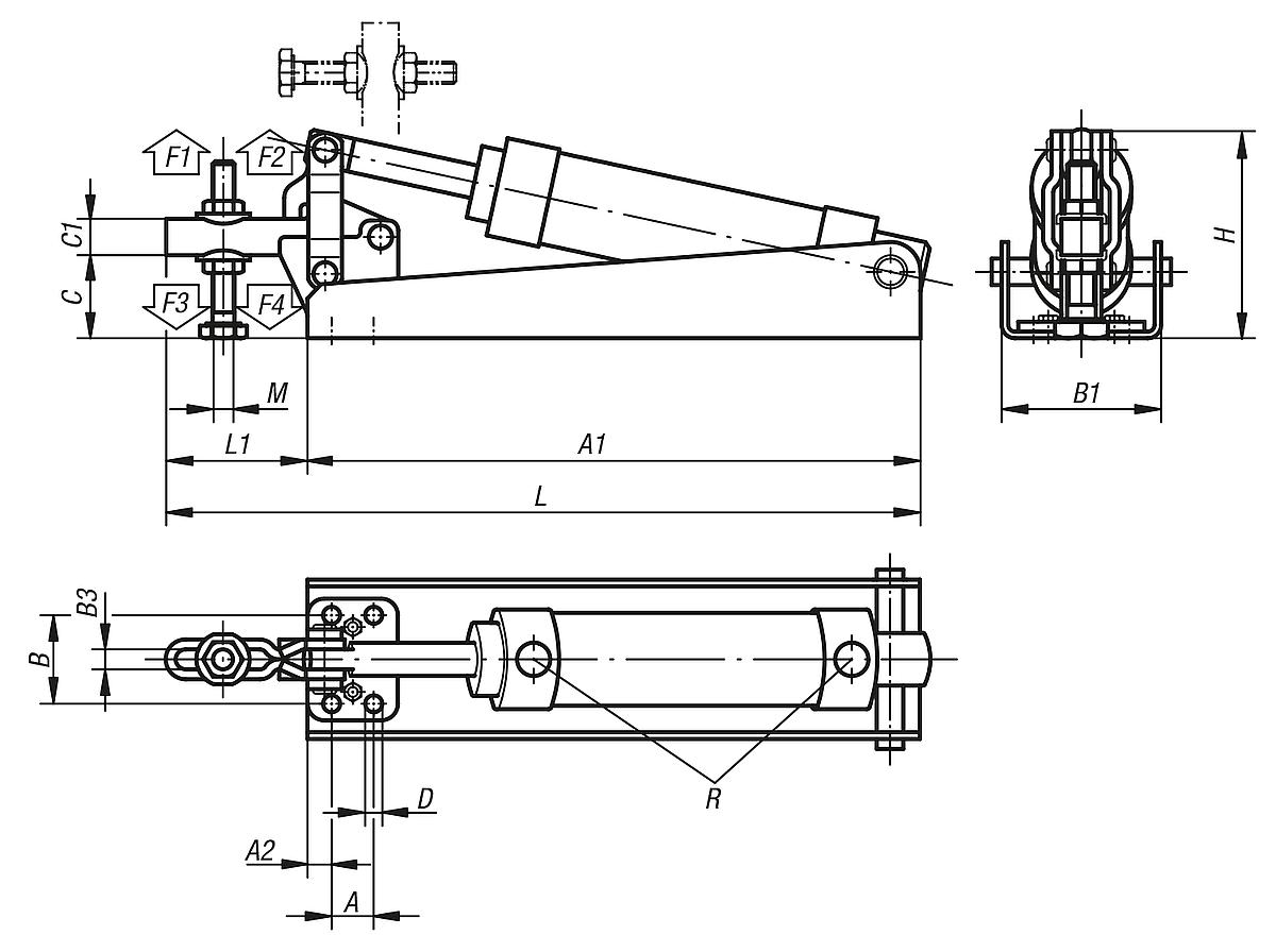 Kipp K0089.0450 PNEUMATIKSPANNER HORIZONTAL FORM A, P=450 daN - K0089 Pneumatikspanner horizontal Form A - Massblatt