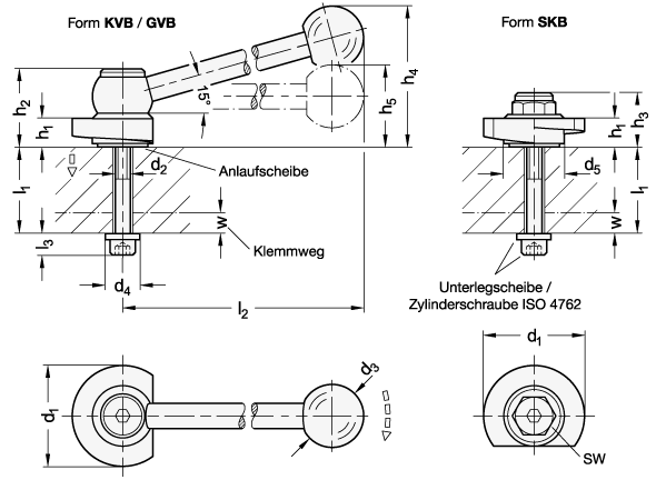 Ganter 918.2-40-GVB-L-12  Spannriegel, Stahl, Spannung nach unten, Schraube von der Rückseite, Durchmesser d1: 40, l1 max.: 12, Form: GVB - mit Kugelgriff, gerade (Kerbverzahnung) - GN 918-2 Spannriegel - Stahl - Spannung nach unten - Schraube von der Rueckseite - Massblatt