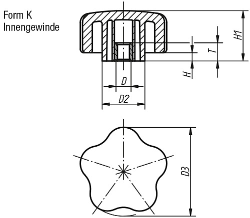 Kipp K0279.4005 ST FÜNFSTERNGRIFF, D3=40, M5 - KIPP K0279-IG Fuenfsterngriffe mit Innengewinde