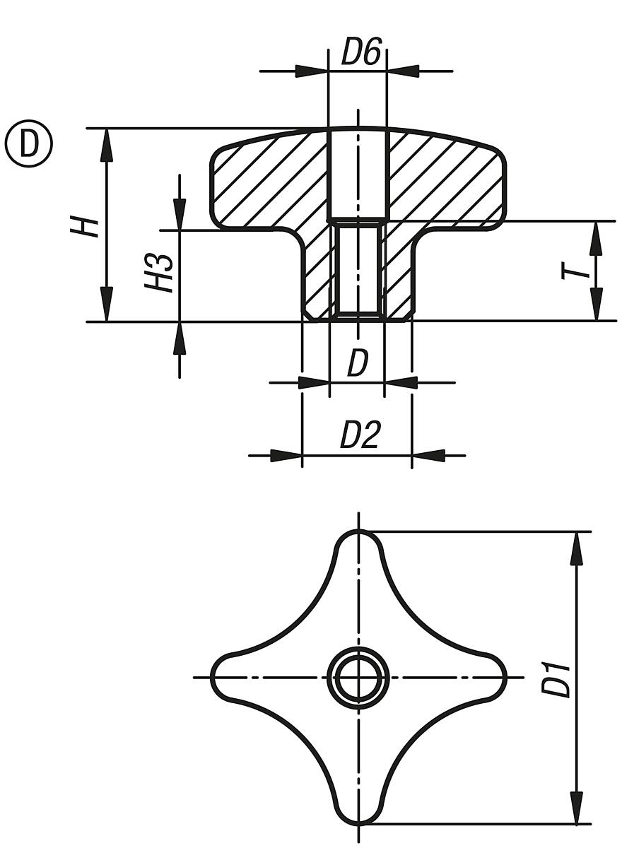 Kipp K0146.4032062 KREUZGRIFF                    EDELSTAHL, FORM D, D1=32, D5=M - K0146-D Kreuzgriffe aehnlich DIN 6335 Edelstahl - Form D - Massblatt