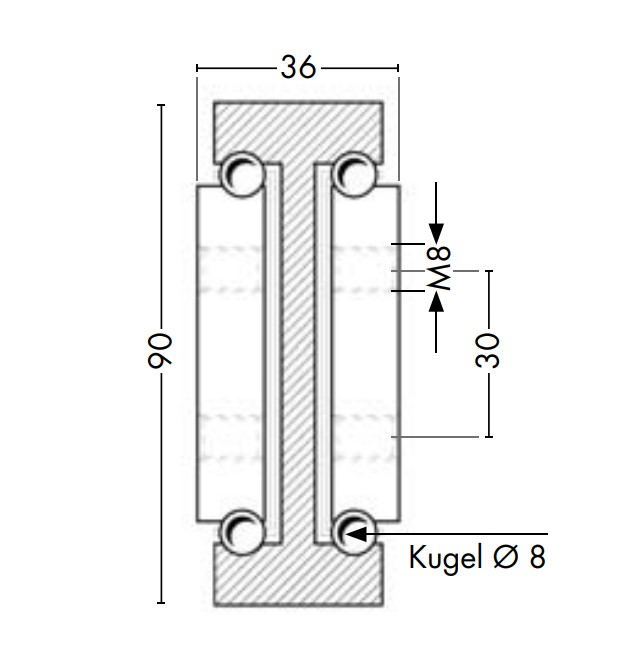 Leschhorn HPTV 9036-0500-GG-ST Hochpräzise Schwerlast-Teleskopschienen, T-Profil 90x36, Vollauszug, A=500, GG: Gewinde M8/Gewinde M8, Lastwert 940Kg, Stahl verzinkt - LE HP9036 Hochpraezise Schwerlast Teleskopschienen - T- Form - 220 - 640 Kg-Profilquerschnitt