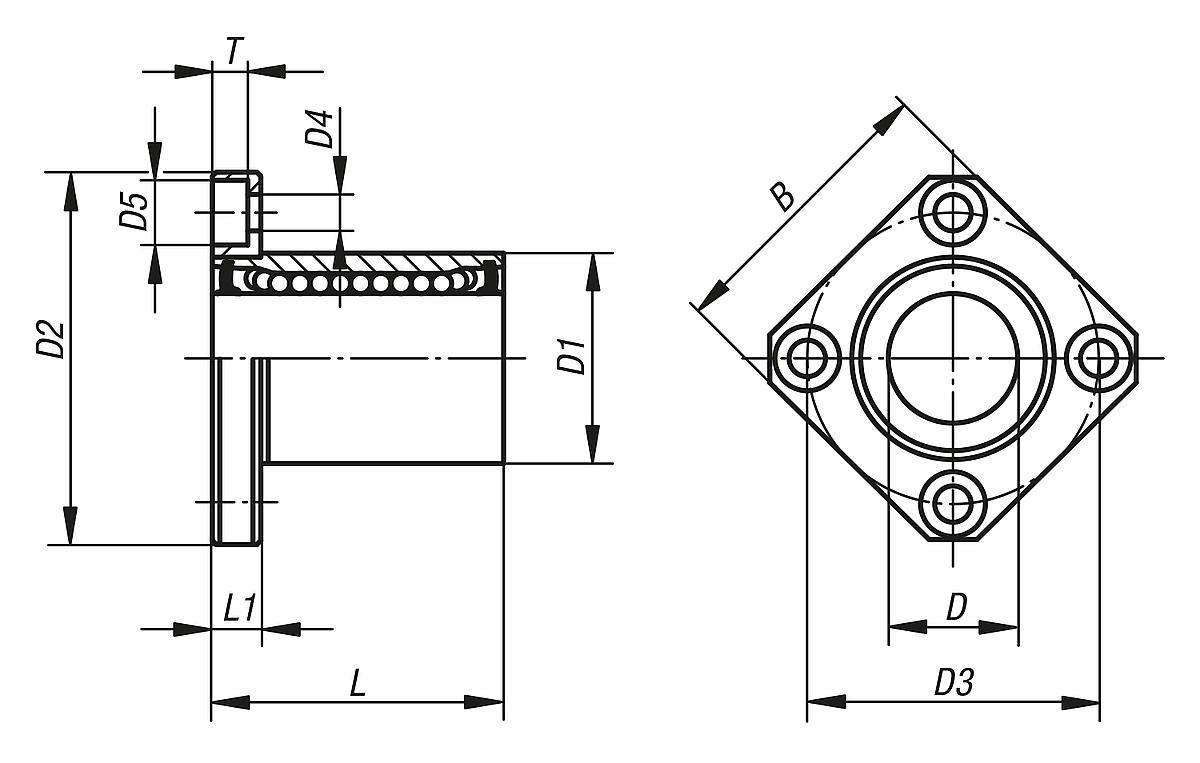 Norelem 21518-01-0802 LINEARKUGELLAGER MIT FLANSCH, D=8, L=25, D1=16, D2=32, STAHL, KOMP:STAHL - NLM 21518-01 Linearkugellager mit Quadratflansch - Massblatt