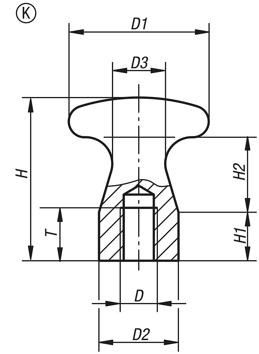 Kipp K0157.10 FLACHER KNOPF  M10, - K0157-IG Flache Knoepfe - Innengewinde - Massblatt