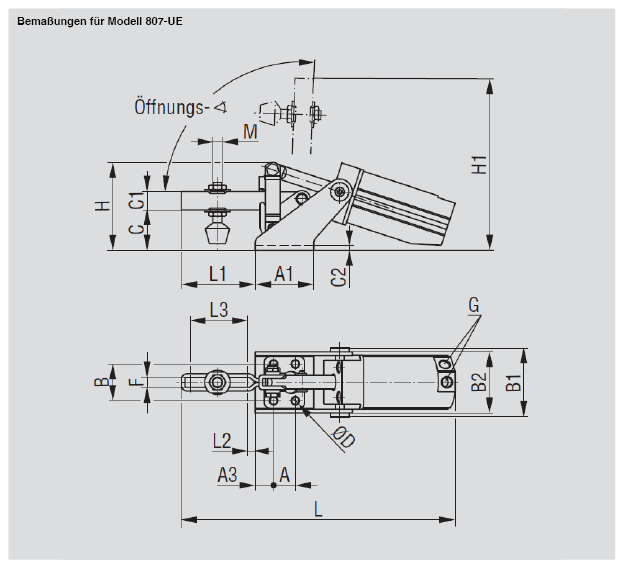DESTACO 807-SE Standard Kraftspanner Haltekraft 2220 N; horizontaler Zylinder  Massiver-Spannarm (Sensor 8EA-109-1 separat bestellen) - DESTACO 807-UE Standard Kraftspanner - TZ