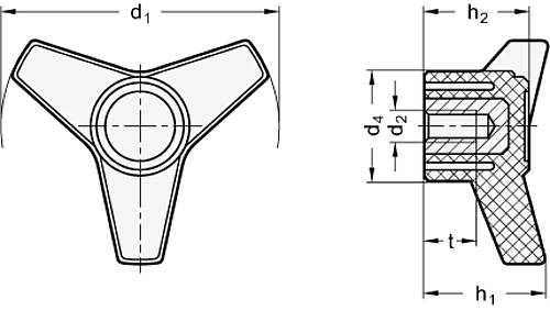 Ganter 5330.5-130-M16-E ELESA DREISTERNGRIFF MIT EDELSTAHL BUCHSE - GN 5330-5 Dreisterngriffe mit Edelstahl Buchse-Skizze