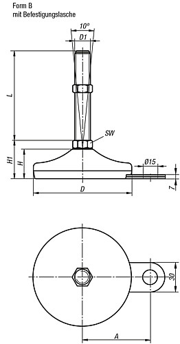 Kipp K0739.2210020X200 STELLFUß FORM B EDELSTAHL D=100, M20X200 - KIPP K0739-B Stellfuesse Stahl oder Edelstahl Form B - Skizze