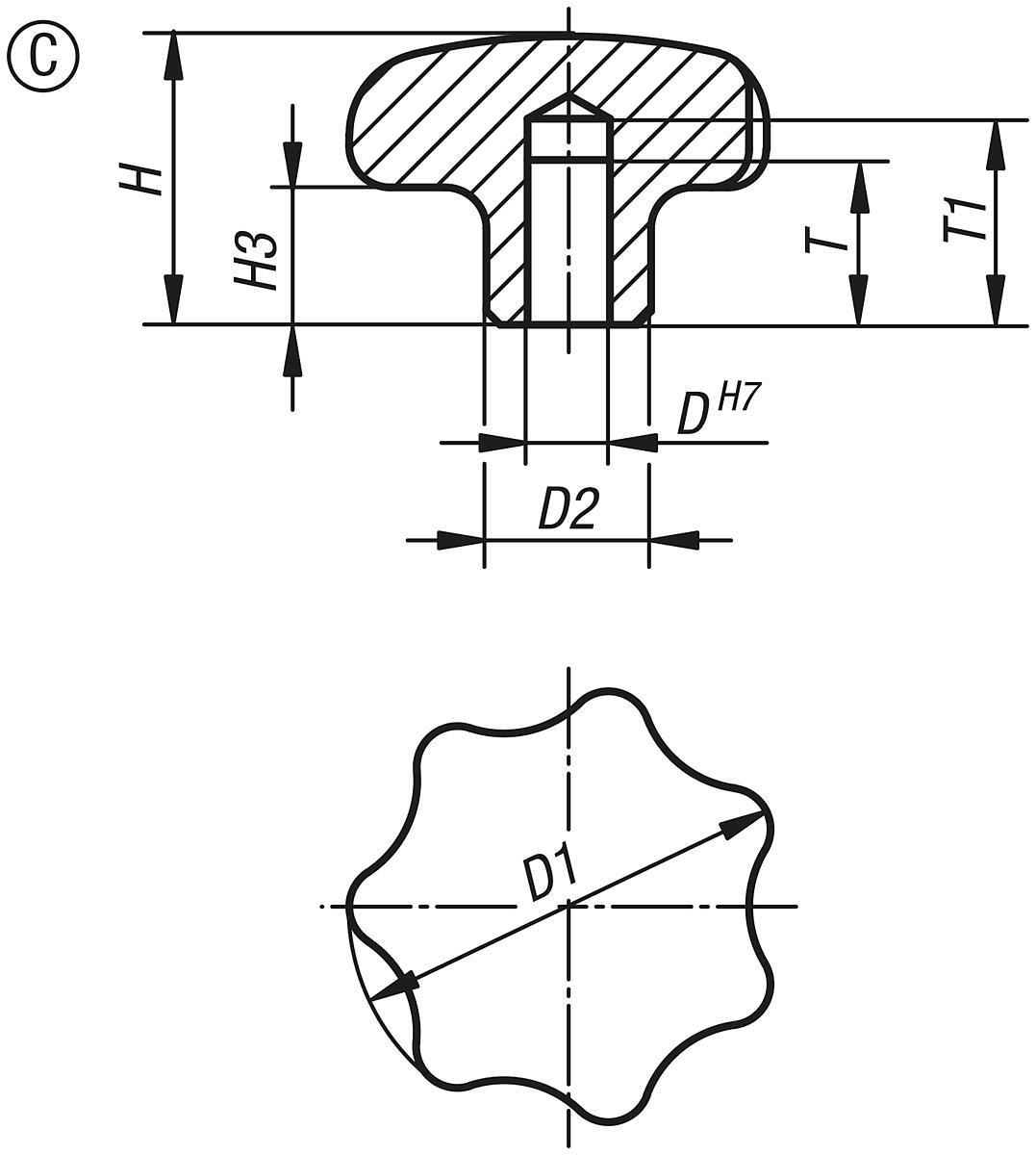 Norelem 06194-332062 STERNGRIFF                    EDELSTAHL, FORM C, D1=32, D4=6 - NLM 06194-C Sterngriffe aehnlich DIN 6336 Edelstahl - Form C - Massblatt