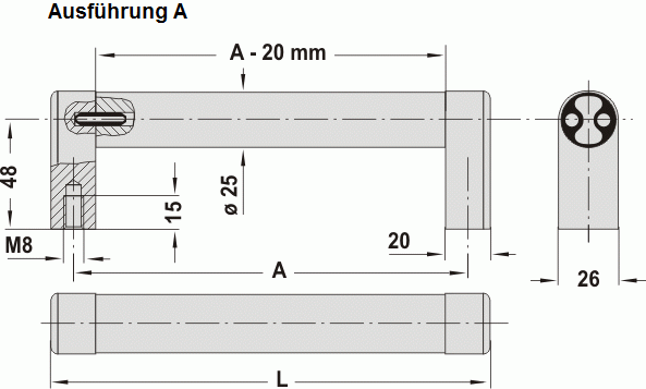 Leschhorn A3-25.300.S01 zusammensteckbare Rohrgriffe Typ  A;  A 300, Griff aus Einzelelementen, komplett montiert Schenkel schwarz / Steg natur - Leschhorn A3-25 zusammensteckbare Rohrgriffe - Zeichnung