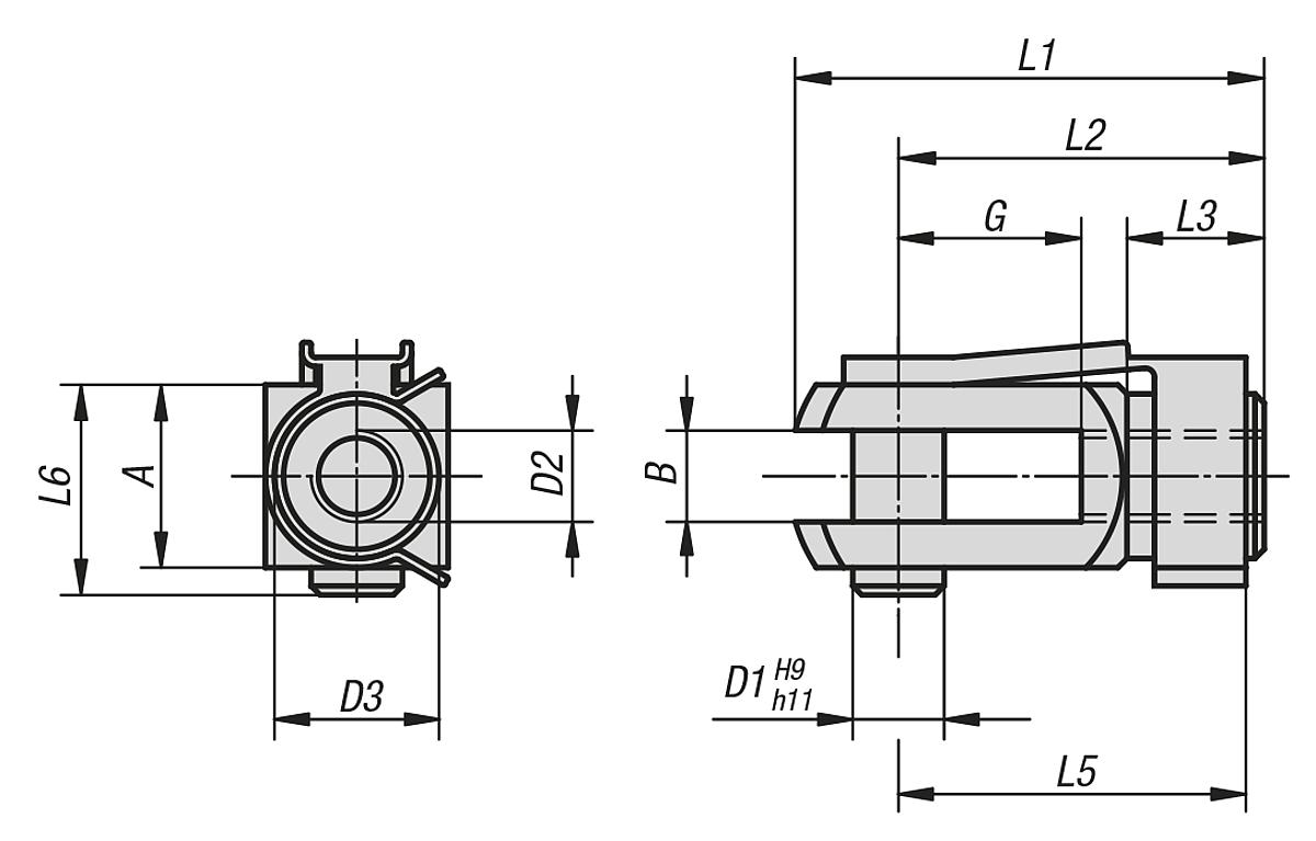 Kipp K0731.1020 GABELKOPF M.FEDERKLAPPBOLZEN, DIN 71752,  RECHTS, D2=M10, A=20 - DIN 71752 Gabelgelenk mit Federklappbolzen ES - Massblatt