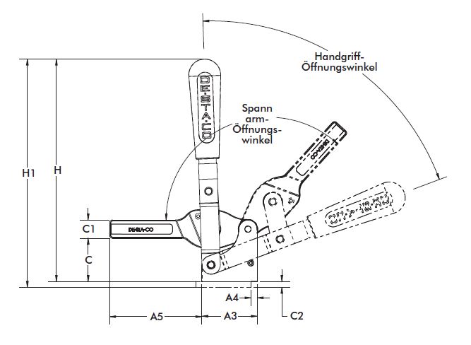 DESTACO 5905 Vertikal-Kniehebelspanner Haltekraft 3340 N, Öffnungswinkel 135°; Nachfolgemodell für 516 - Destaco Vertikal-Kniehebelspanner - Technische Zeichnung
