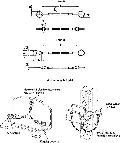 Ganter 111.2-150-14-B-TR Edelstahl Halteseile mit Schlüsselringen oder einem Schlüsselring und einer Befestigungslasche - GN 111-2 Edelstahl Halteseile mit Schluesselringen