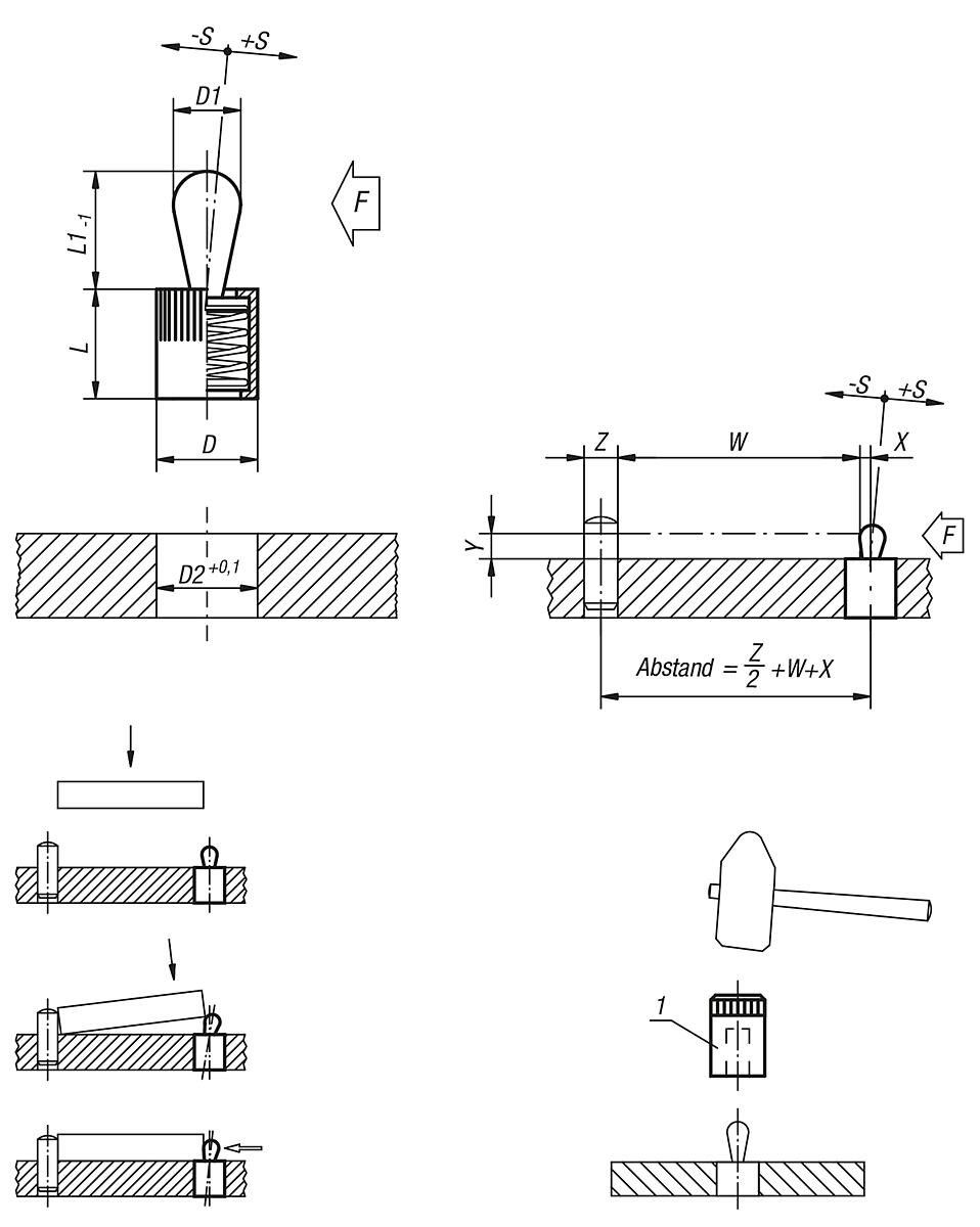 Norelem 03330-72034 FEDERNDES SEITENDRUCKSTÜCK, D=6, D1=3, F=10N - NLM 03330 Federnde Seitendruckstuecke mit Abdichtung - Druckbolzen POM - Feder Stahl - Massblatt