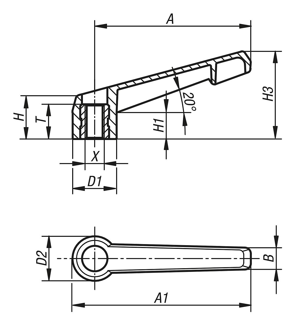 Kipp K0175.106000 KLEMMHEBEL UNVERSTELLBAR GR.1, M6 - K0175-IG Klemmhebel unverstellbar mit Innengewinde - Massblatt