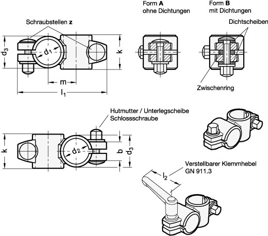 Ganter 132.5-B30-B30-A-4  Kreuz-Klemmverbinder, Edelstahl, Bohrung d1: B 30, Bohrung d2: B 30, Form: A - ohne Dichtungen - GN 132-5 Kreuz-Klemmverbinder - Edelstahl - Massblatt