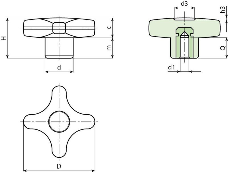 Leschhorn F187 Kreuzgriffe   D 32; d 15; Bohrung d1 06; Kunststoff PA, schwarz - LE F187 Kreuzgriffe-EcoLine-Massblatt