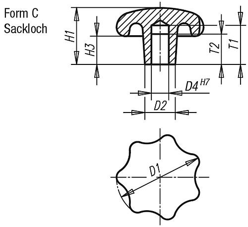Norelem 06192-363122 STERNGRIFF FORM C, D1=63, D4=12H7, ALU, POLIERT - Norelem 06192-C Sterngriffe aehnlich DIN 6336 aus Aluminium - Form C