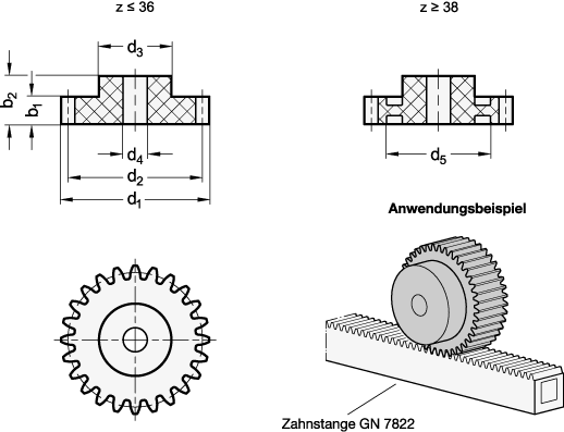 Ganter 7802-1,5-12-GR  Stirnzahnräder, Kunststoff, Eingriffswinkel 20°, Modul 1,5, Modul: 1,5, Zähnezahl z (GR): 12, Farbe: GR - grau - GN 7802 Stirnzahnraeder - Kunststoff - Eingriffswinkel 20 Grad - Modul 1 5 - Massblatt