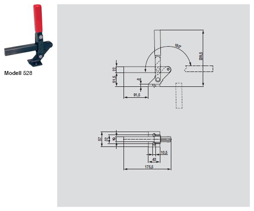 DESTACO 528 Vertikal-Kniehebelspanner Haltekraft 4500 N, Öffnungswinkel 180° - 528 Vertikalspanner - massiver Spannarm - Fuss abgewinkelt