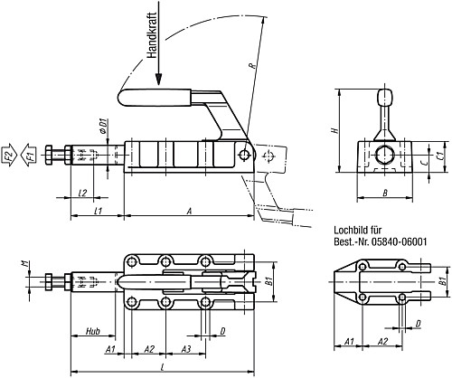 Norelem 05840-06001 SCHUBSTANGENSPANNER, SCHWERE AUSFÜHRUNG, P=600 d - Norelem 05840 Schubstangenspanner schwere Ausfuehrung mit Handgriff
