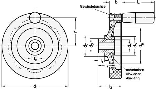 Ganter 520.2-100-B10-A Scheibenhandräder, Kunststoff, Buchse Edelstahl - GN 520-2 Scheibenhandraeder - Kunststoff - Buchse Edelstahl-Skizze