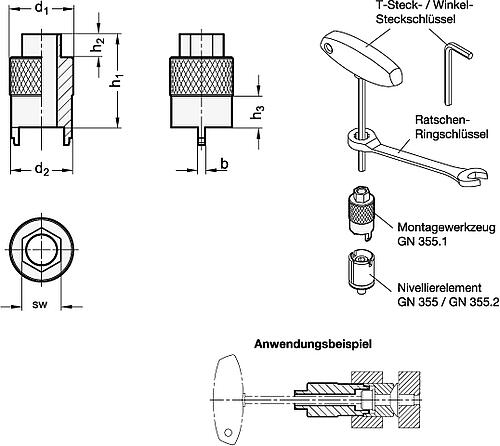 Ganter 355.1-12 Montagewerkzeuge für Nivellierelemente GN 355 / GN 355.2 - GN 355-1 Montagewerkzeuge fuer Nivellierelemente GN 355 - GN 355-2-Skizze