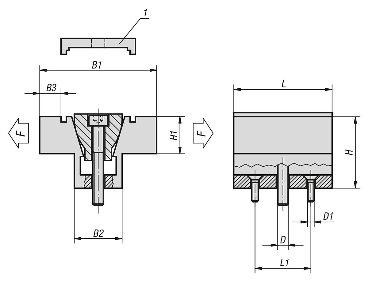 Norelem 04523-16 DOPPEL KEILSPANNER D=M16, MIT BEARBEITUNGSZUGABE - NLM 04523 Doppel Keilspanner  mit Bearbeitungszugabe - Massblatt