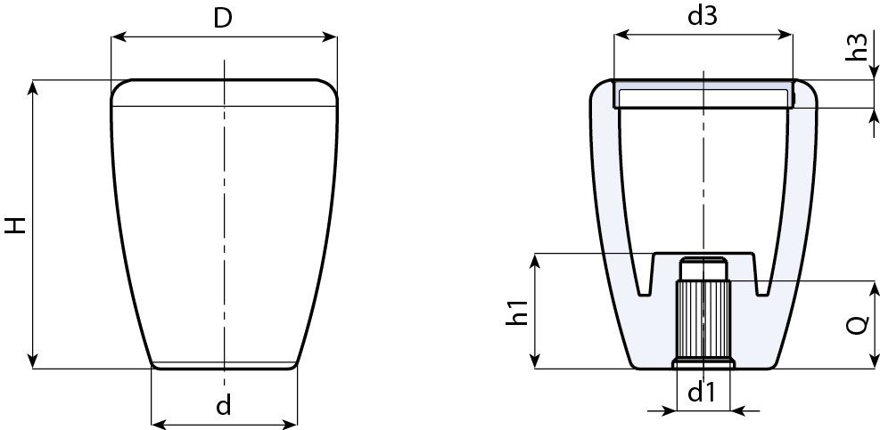 Leschhorn I125 Konusknöpfe  D 43; d 27; Bohrung d1 D12; Kunststoff PA, schwarz, Mittelstopfen grau, RAL 7035 - Boteco I125 Konusknoepfe
