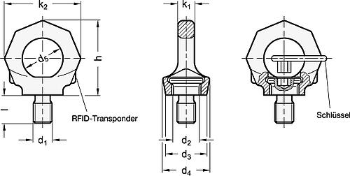 Ganter 581-M8-A DREHB. RINGSCHRAUBE OHNE SCHLÜSSELBLECH - GN 581 Drehbare Ringschrauben - Stahl-Skizze